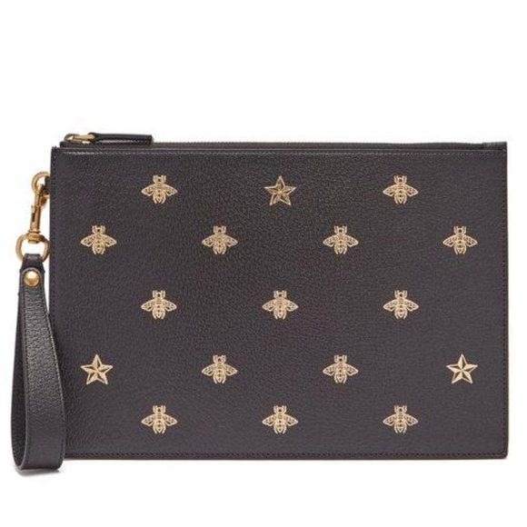 Gucci Bee-print Grained-leather Pouch In Brown NEW IN DUSTBAG - Picture 1 of 5